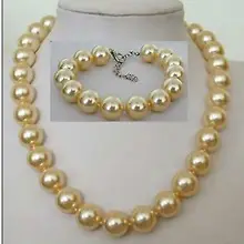 Благородство удача женский красивый 12 мм золотистый корпус жемчужное ожерелье браслет набор серебряный крючок