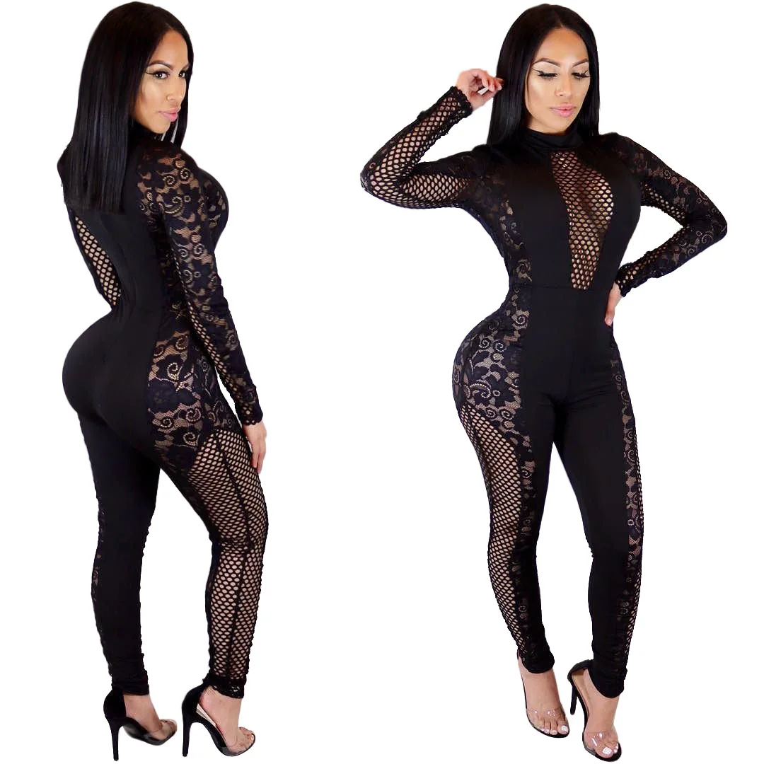 Sexy Women Spring Summer Sexy Long Sleeve Jumpsuits Ladies Bandage Mesh Lace Hollow Out Solid Playsuit Plus Size