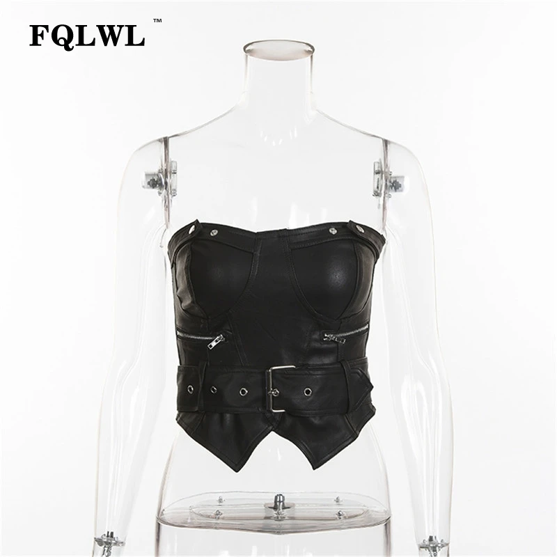 FQLWL, искусственная кожа, облегающий женский короткий топ, с поясом, открытая спина, с открытыми плечами, летняя майка, женская сексуальная, вечерние, Haut Femme, бюстье, топы