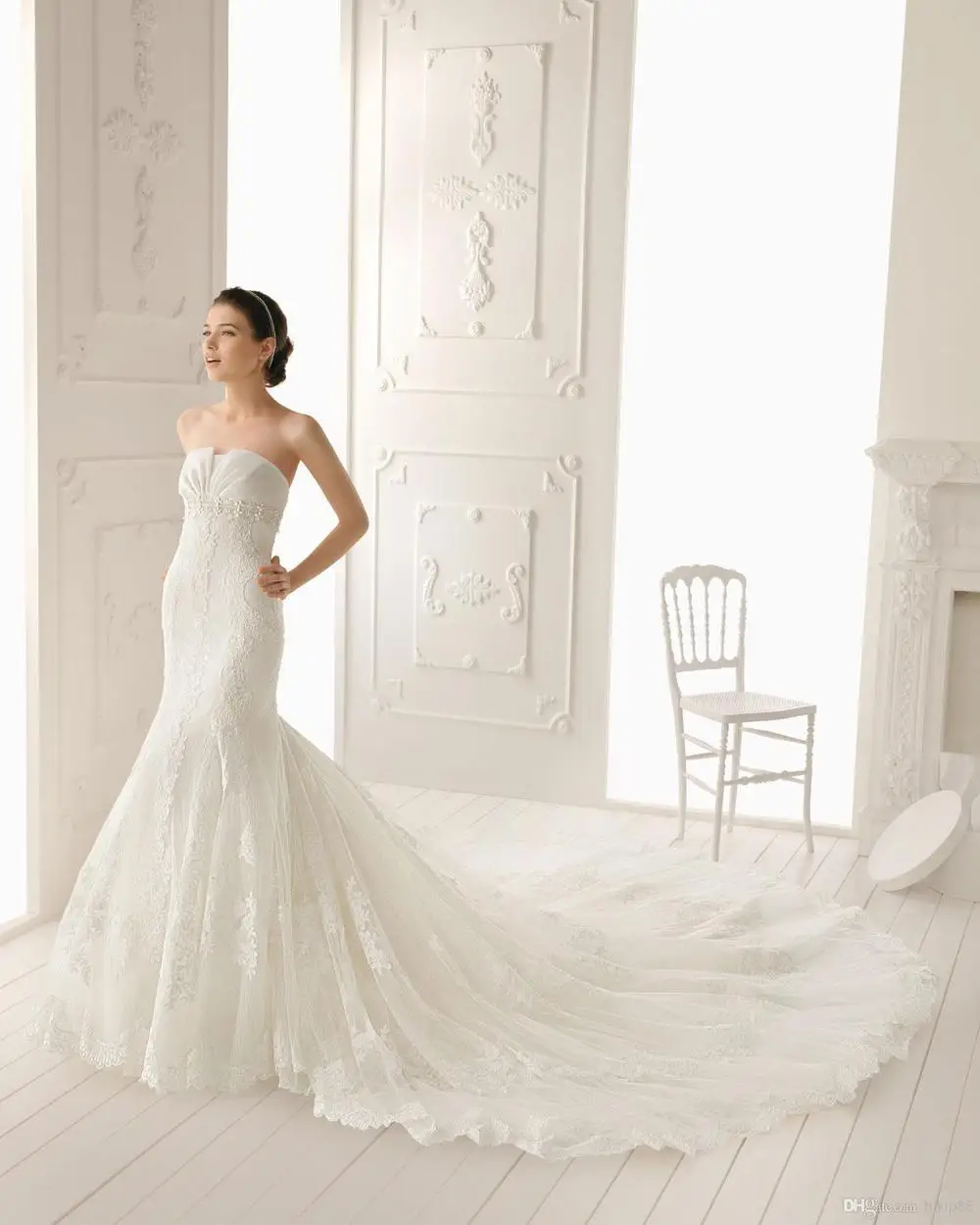 

Wholesale - Free Shipping 2014 New Arrival Organza Strapless Appliques Sweep Train Ruched Backless Beading Lace Hot sale Custom-