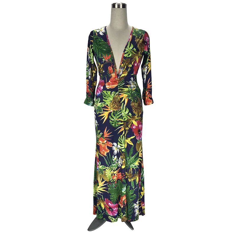 Kostlich Sexy Club Dress Women Deep V-Neck Long Sleeve Autumn Print Dress Draped High Split Maxi Dresses Long Party Dresses (17)