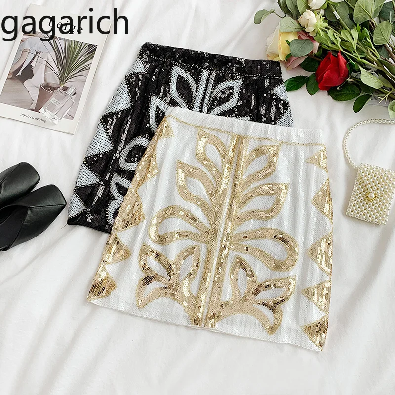 

Gagarich Women Skirt 2019 Retro American Sequined Stretch Waist Shiny Geometric Pattern Sexy Hip-wrapped Mini Skirt 2019