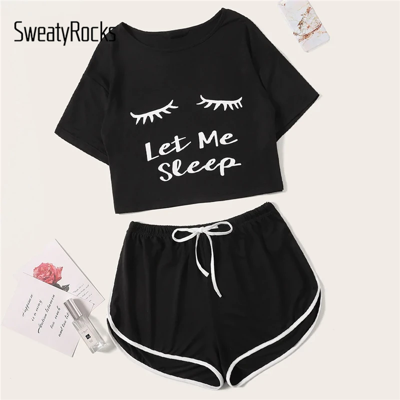 

SweatyRocks Black Letter Print Top And Drawstring Dolphin Shorts PJ Set Women Stretchy Nightwear 2019 Pajamas Casual Sleepwear