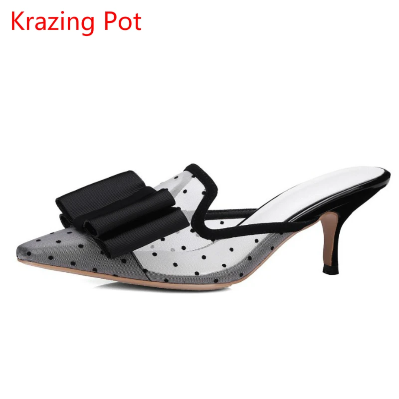

2017 Superstar Genuine Leather Stiletto High Heels Mules Pointed Toe Lace Bowtie Sandals Preppy Style Concise Summer Shoes Lf2