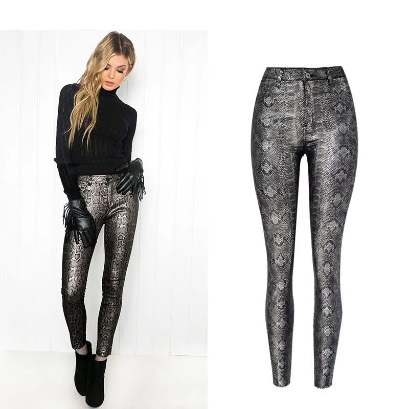 

2019 Spring And Autumn Snack Pattern Jeans Women Sliver and Gold Skinny Denim Pants Elastic Trousters