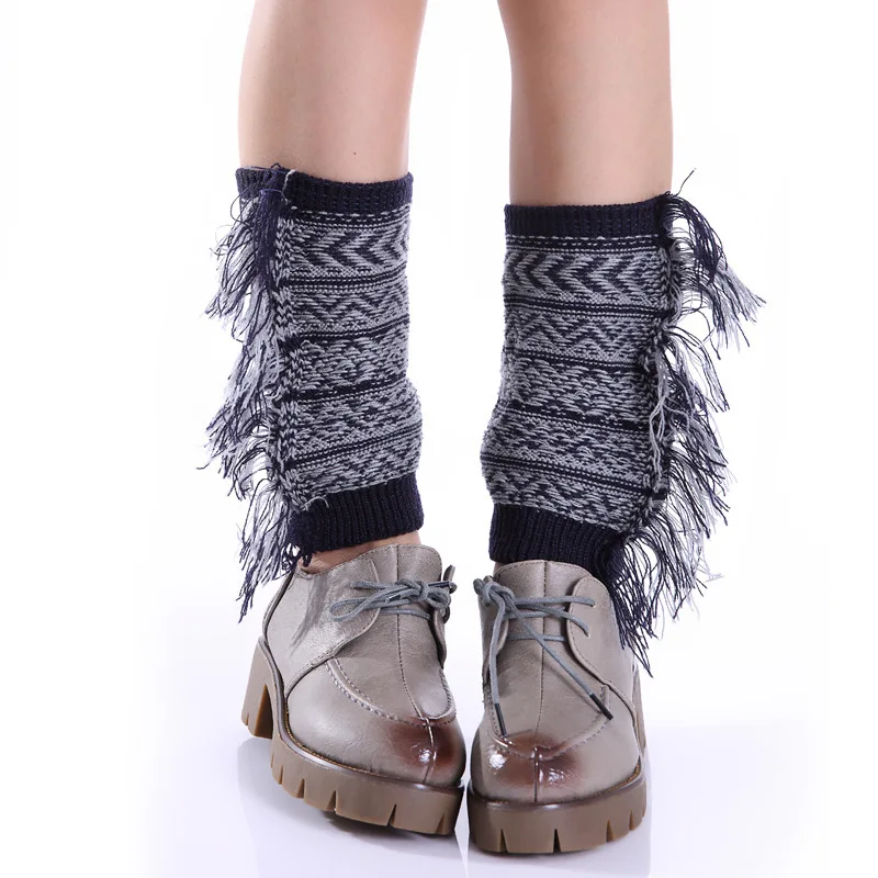 

Fashion new women's knitted wool color mixed side tassel short socks set Bohemian wind foot cover leg warmers
