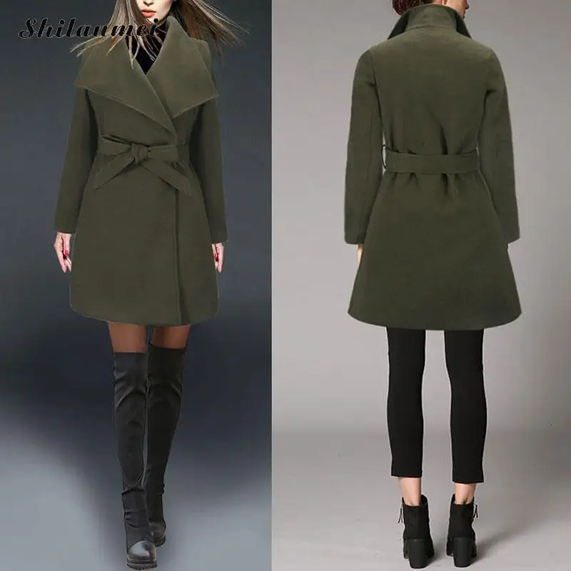 Горячая Распродажа, черное, зеленое длинное шерстяное пальто, Женское зимнее пальто, облегающее пальто с отворотами и поясом, осенне-зимняя теплая верхняя одежда