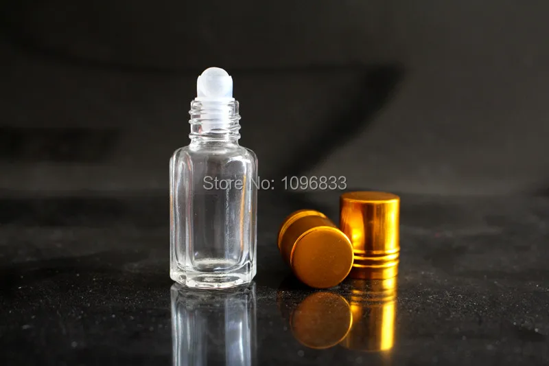 

3ML 6ML Octagonal Glass Bottle with Gold Lid, Aroma Roll on Bottle, Perfume Roller Bottles, Essential Oil Packaging, 50pcs/Lot