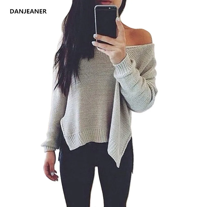 

DANJEANER 2019 Spring Thin Short Pullovers Women Long Sleeve Off Shoulder V Neck Knitted Sweaters Streetwear Solid jumpers Pull