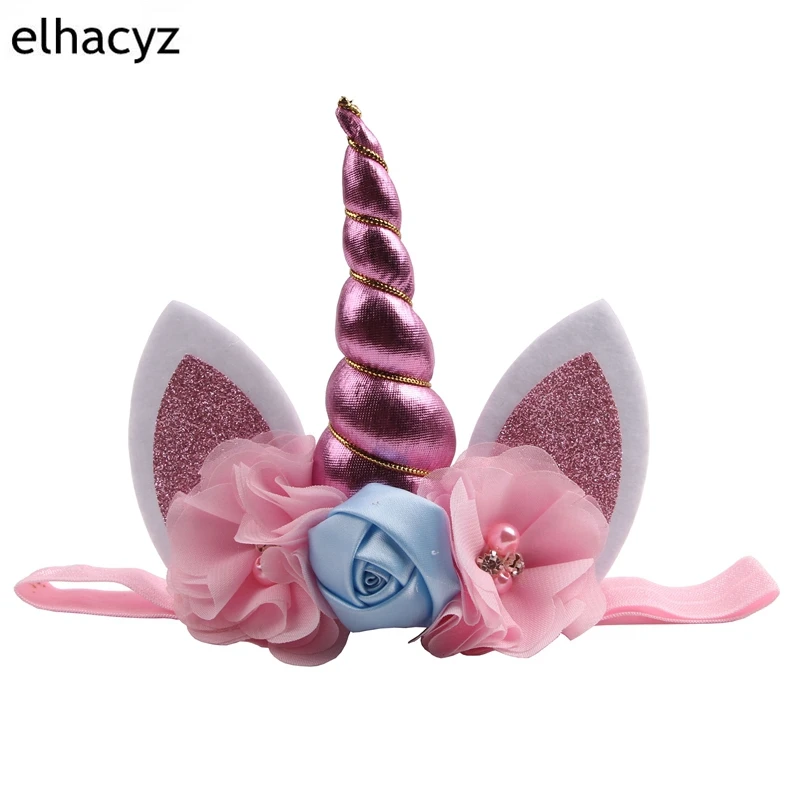 

1PC Elastic Unicorn Headband Girls' Tiaras Hair Band Flower Headwear Glitter Ears Party DIY Hair Accessories For Children