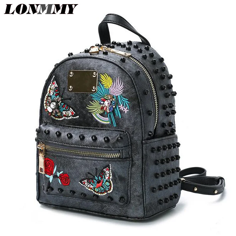 LONMMY 2018 Новый Искусственная кожа Для женщин Рюкзаки Мода Вышивка mochilas feminina путешествия рюкзак женский заклепки школьные сумки черный