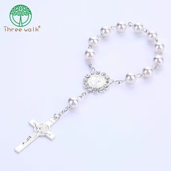 Imitation Pearl Beads Catholic Rosary Catholic Holy Communion silver color Wings Crucifix Pendants Bracelet nice gift