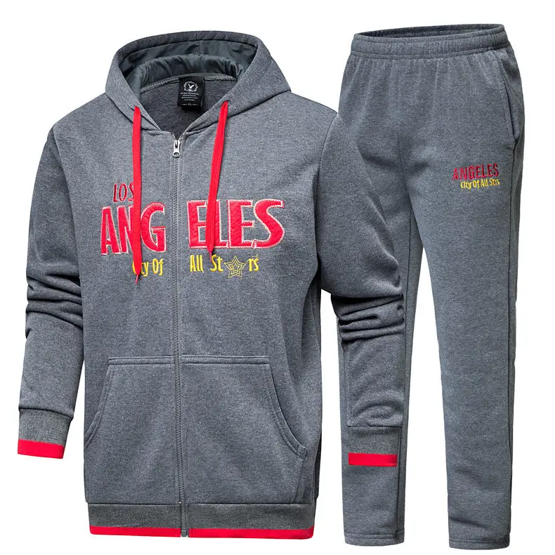 2019 Tracksuit Sets Men Casual Hooded Couple Fleece Cotton Male Sweatshirts Man Sportswear Suits Youth Zipper Cardigan+Pant 2PCS 3