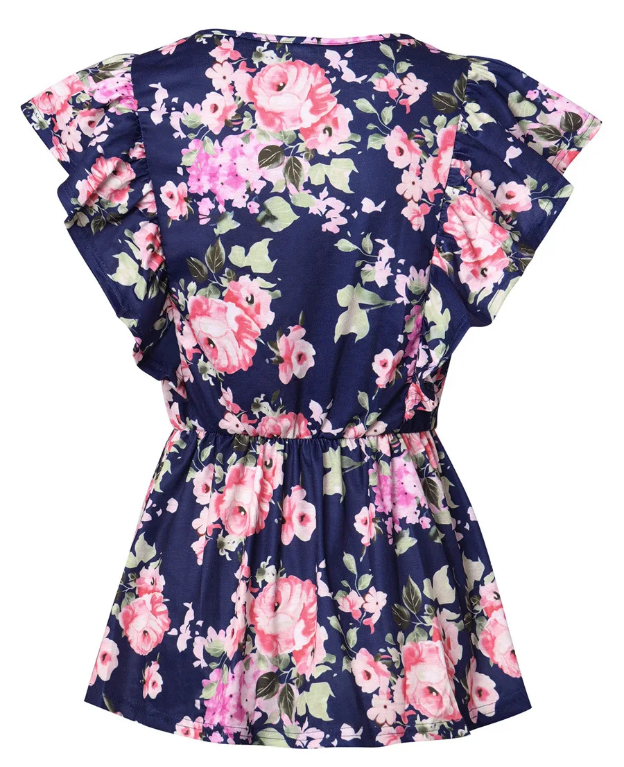 Gladiolus 2018 Floral Print Women T-Shirts O-Neck Butterfly Sleeve Blue Red Slim T Shirt Women Summer Casual Ruffled Ladies Tops (27)