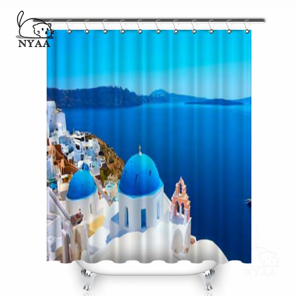 

NYAA Greek Orthodox Church Shower Curtains Blue Sea Waterproof Polyester Fabric Bathroom Curtains For Home Decor