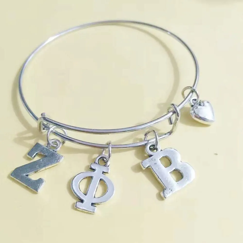 

Topvekso ZPB Sorority ZETA PHI BETA Letter Charms Love Bangle Jewelry Wire Bracelet Silver Tone As Gifts
