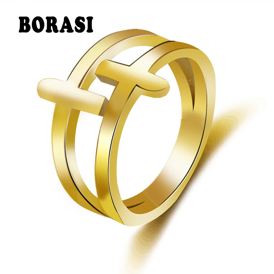 

BORASI New Fashion Brand Anel Trendy Double Layers Cross Gold Color Jewelry Finger Rings For Woman Girls Best Factory Price