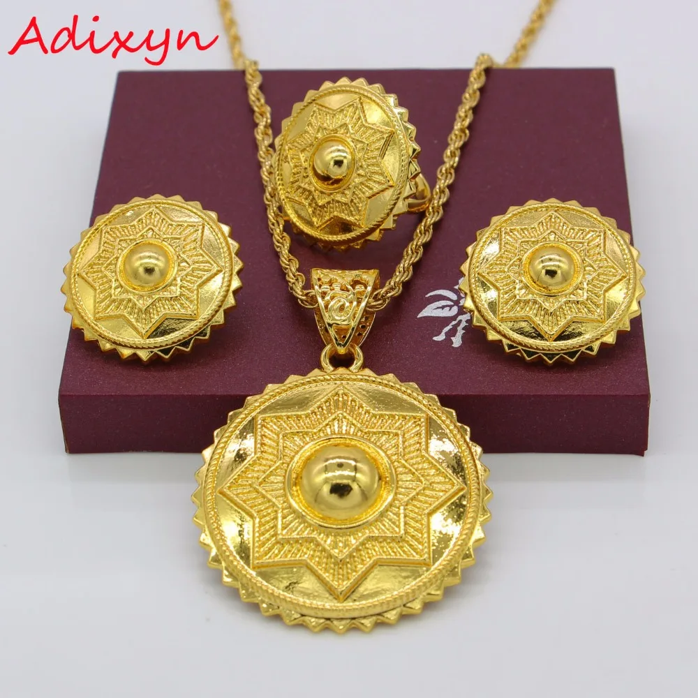

Adixyn Ethiopian Gold Color Jewelry Set African Wedding Round Pendant/Earring/Ring/Necklace Eritrean/Arabic Gifts N1182