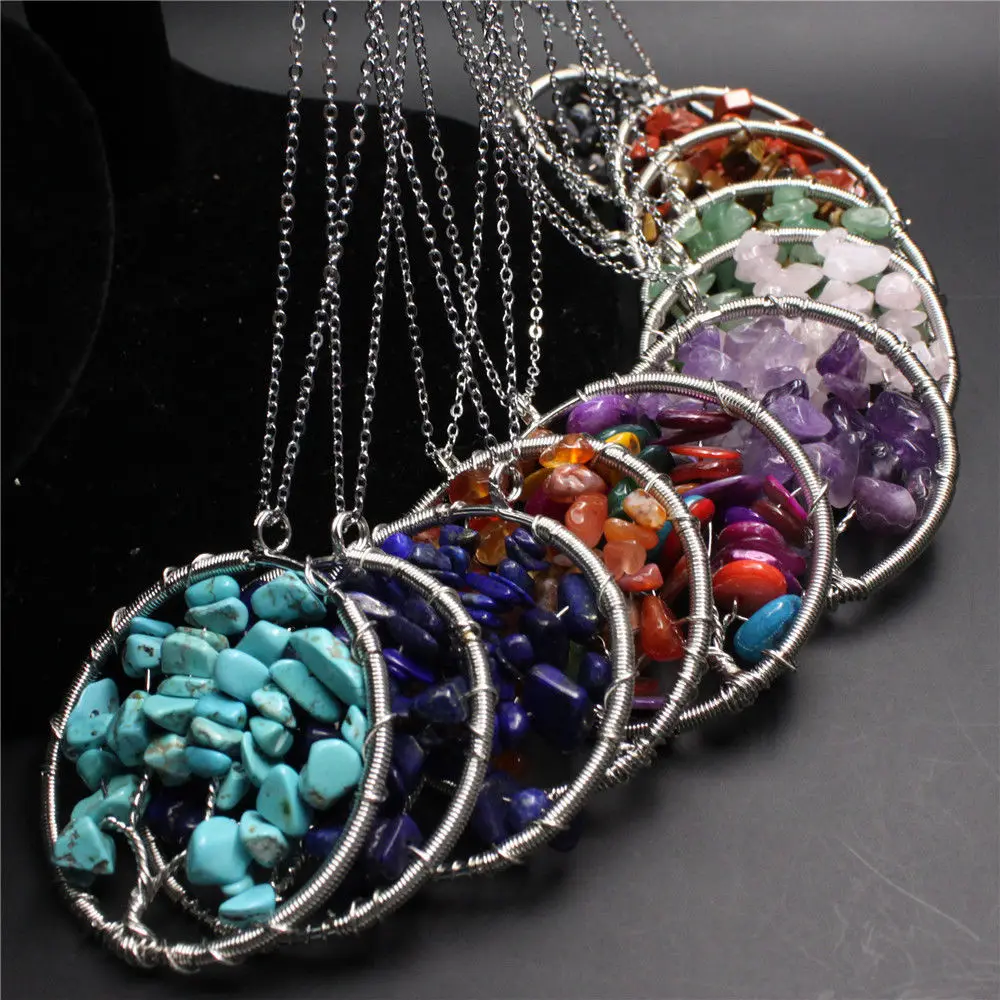 7 Chakra Reiki healing Natural Rainbow Life tree Yoga Treatment Necklace Pendant Natural Stone Pendant Necklace for women