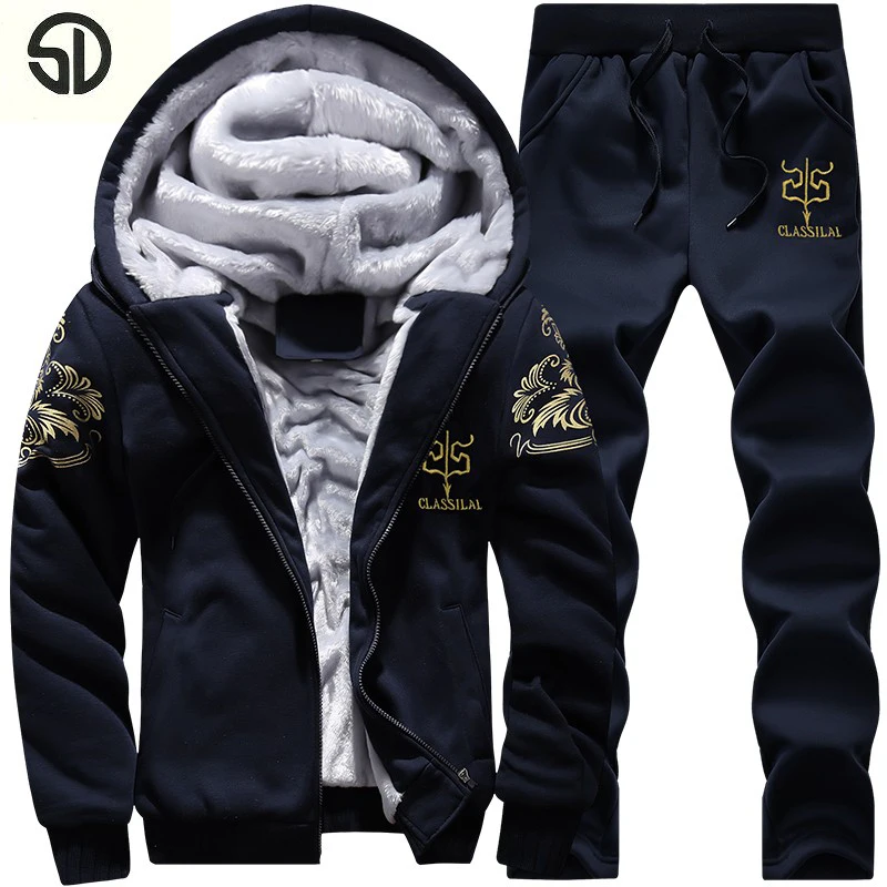 

Tracksuit Men Winter Thick Inner Wool Hoodie Men Hat Casual Warm Zipper Active For Men Outwear + Pants Moletons Masculino 2018