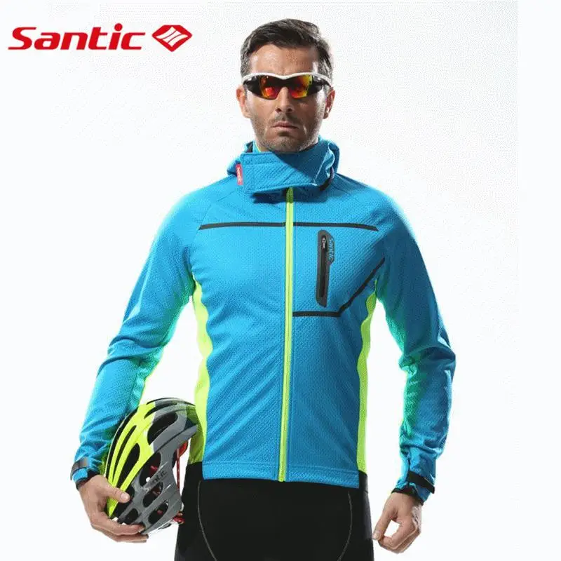 

Santic Mens Thermal Hooded Winter Fleece Jacket Windproof Cycling Jacket Breathable Windbreaker Downhill MTB Bicycle Bike Jacket