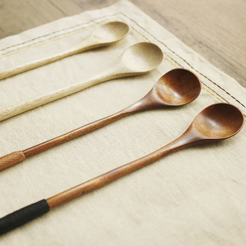 Creative natural wood spoon sets Japanese green long handled wooden spoon honey spoon stirring