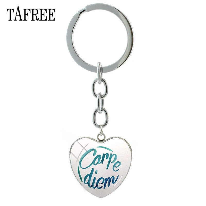 

TAFREE Simple Carpe Diem Letters Picture Heart Pendant Keychain Handmade Keyring Fashion French Key Chain Glass Jewelry CD32