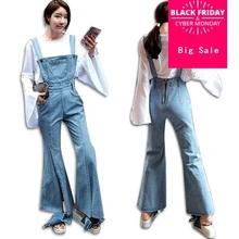 Загрузки вырезать джинсовые комбинезон женщин модные Джинсовые комбинезоны Разделение, расклешенные джинсы клеш Джинсовый комбинезон