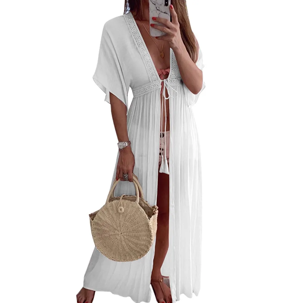 White Горячая Boho женский кружевной кардиган-кимоно с длинным рукавом праздник пляж шифон платье крышка платье-разлетайка DO2 - Цвет: White