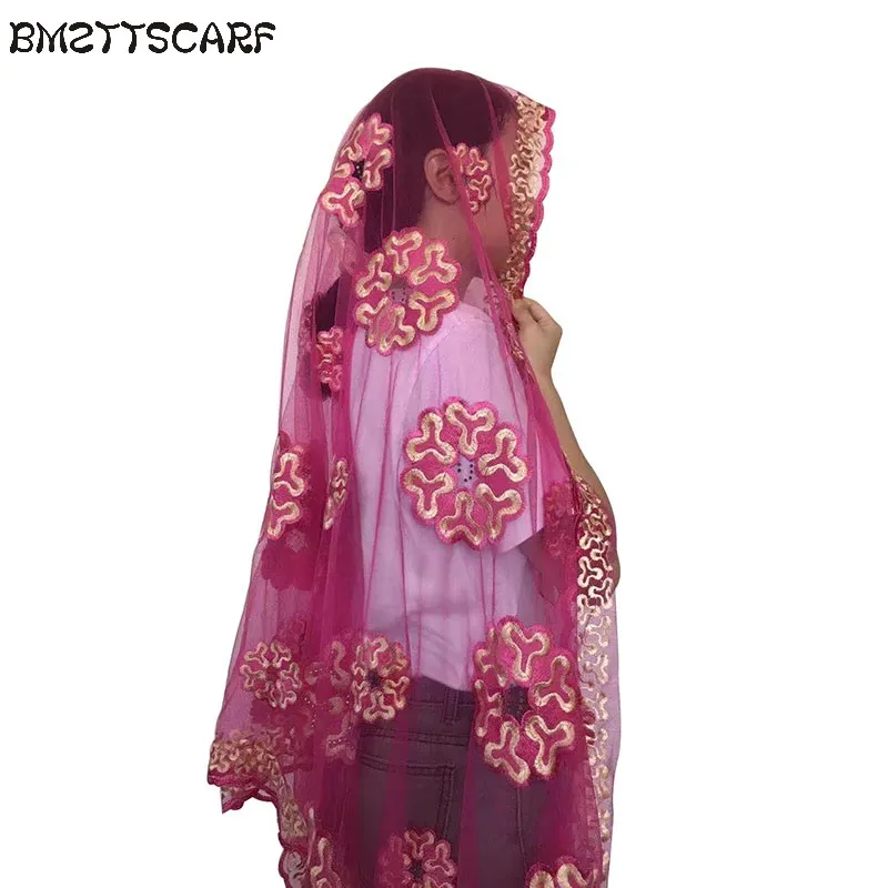 Шарф из тюли, африканские женские большие тюлевые шарфы мусульманские emrboidery мусульманский шарф больших размеров для Шали Обертывания BM346 - Цвет: BM347 5