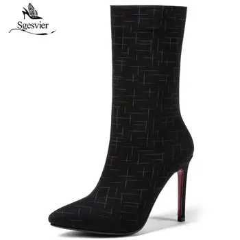 

Sgesvier Sexy Mid Calf Boots for Women Zipper Winter Warm Fur Female High Heel Half Boots Shoes Woman Botas Femininas OX877