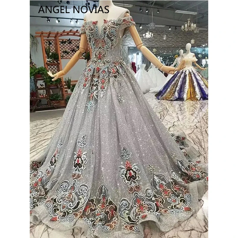 

ANGEL NOVIAS Long Formal Women Silver Glitter Saudi Arabia Wedding Dresses 2018 Abito Da Sposa Principess Vestidos Matrimonio