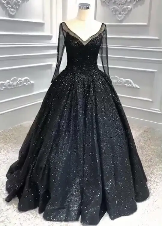 Lover Kiss vestido de novia Потрясающие Готические свадебные платья черные с длинными рукавами Блестящий лиф v-образный вырез, свадебные платья с корсетом на спине - Цвет: Черный