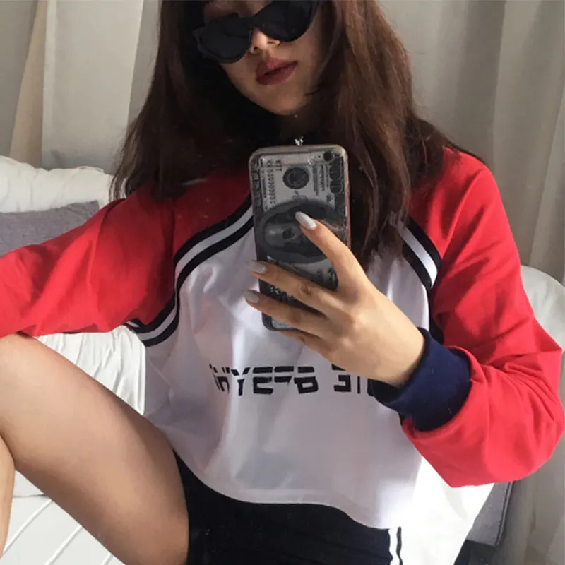 النساء الورك هوب Sweatershirts المحاصيل أعلى الأزياء الشارع الشهير البلوز harujuku سستة طوق الأحمر الأبيض فضفاض قمم البلوز الإناث