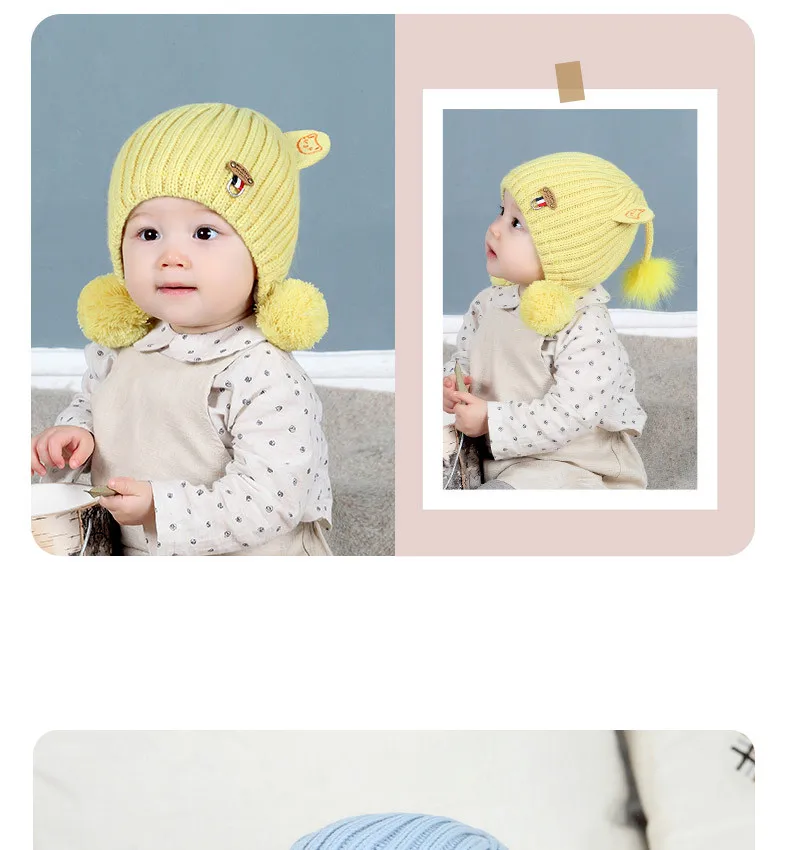 New Baby Knit Hat Autumn And Winter Thickening Female Baby Winter Hat  With Hair Ball Newborn Wool Hat Out Of The Ear Cap GCG42 (10)