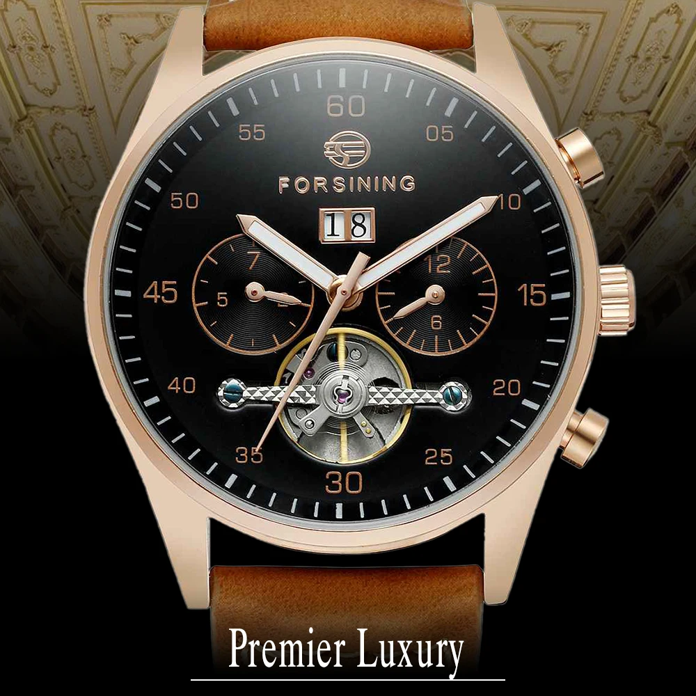 

Forsining Automatic Self-Wind Watch Tourbillon Genuine Leather Strap Mechanical Wristwatch FSGL691M3