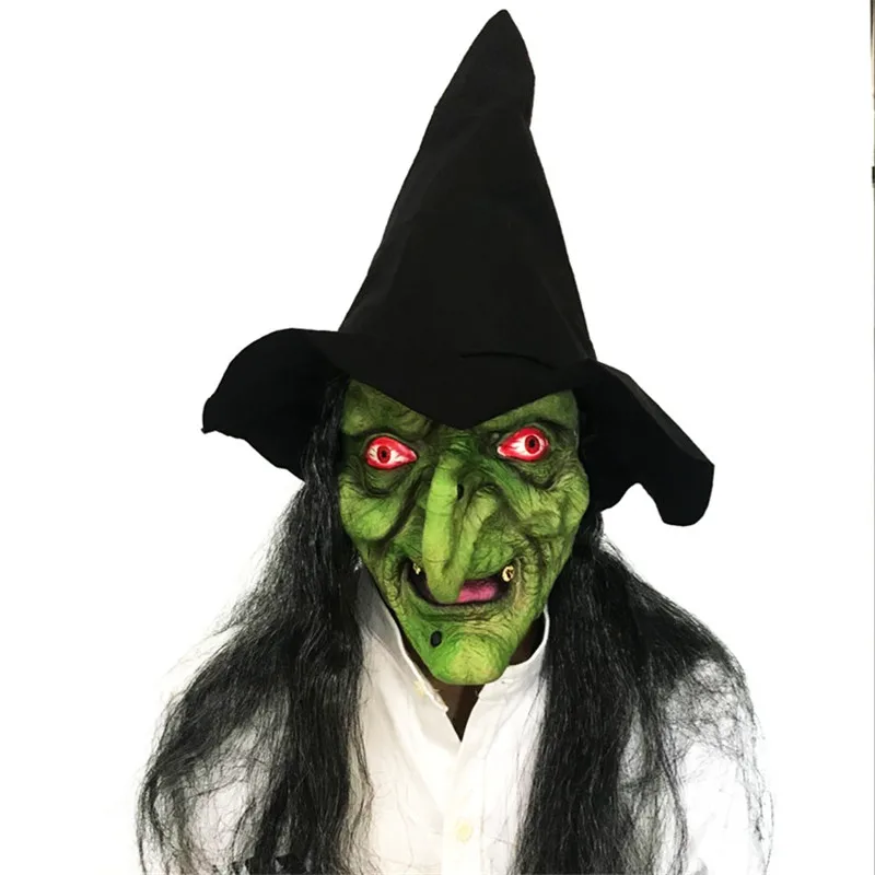 Halloween Green Face Witch Horror Mask Head Long Hair Scary Latex Mask Headband Black Hat Dance Show Performance Props HW51 (3)