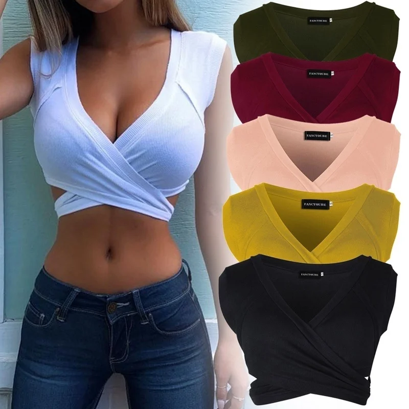 

2019 6 Colors Women Summer Bandage Pure Color Knitted Short Vest Sexy V-Neck Sleeveless Crop Top Slim Fit Camisole Tank Tops
