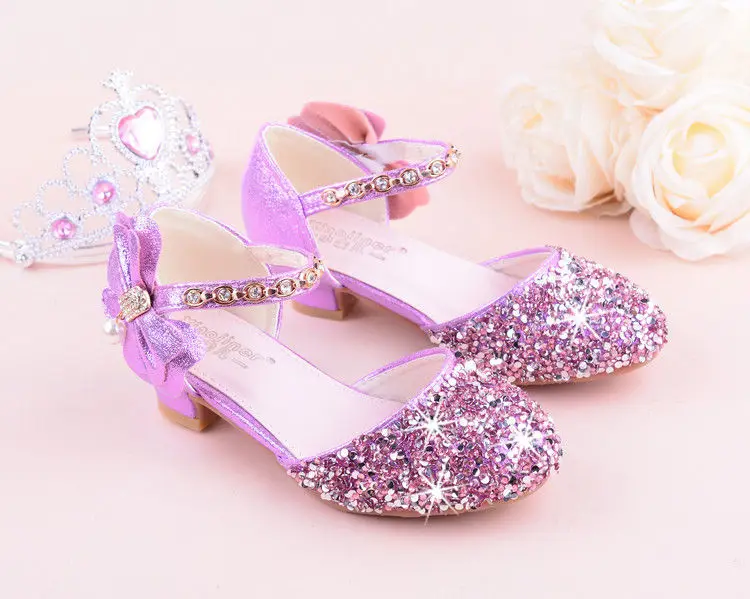 Girls Bow-knot Princess Shoes with High-Heeled, Kids Glitter Dance Performance Summer Shoes, Purple, Pink& Silver 26-38
