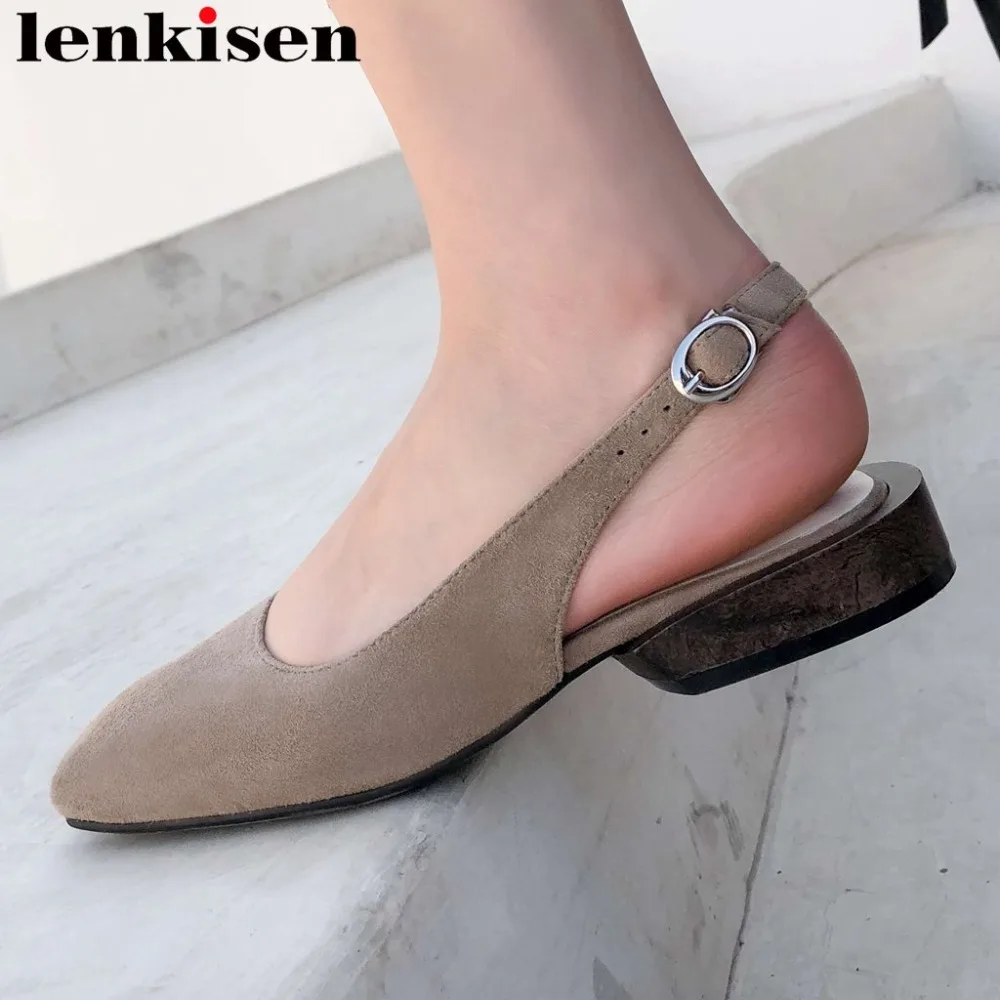 

Lenkisen concise style square toe slingback women sandals natural leather buckle strap wood low heels slingback daily shoes L33