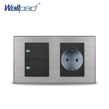 

2019 Wallpad 2 Gang 2 Way Switch With EU German Standard Schuko Socket Wall Power Socket Outlet Satin Metal Panel LED Indicator