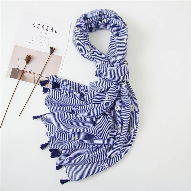 

Women Thin Floral Scarf Blue Stripe Long Hijab for Female Vintage design Large Wrap Stole NEW [3085]