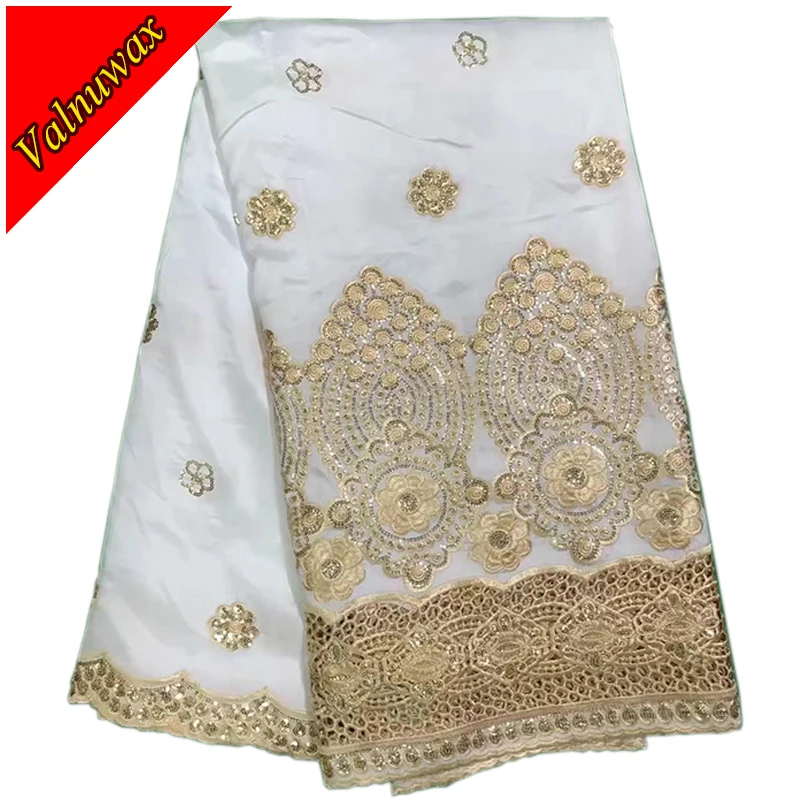 

High Quality Nigerian African George Lace Fabric white&golden Color African Lace Fabric For Wedding Dress / JK