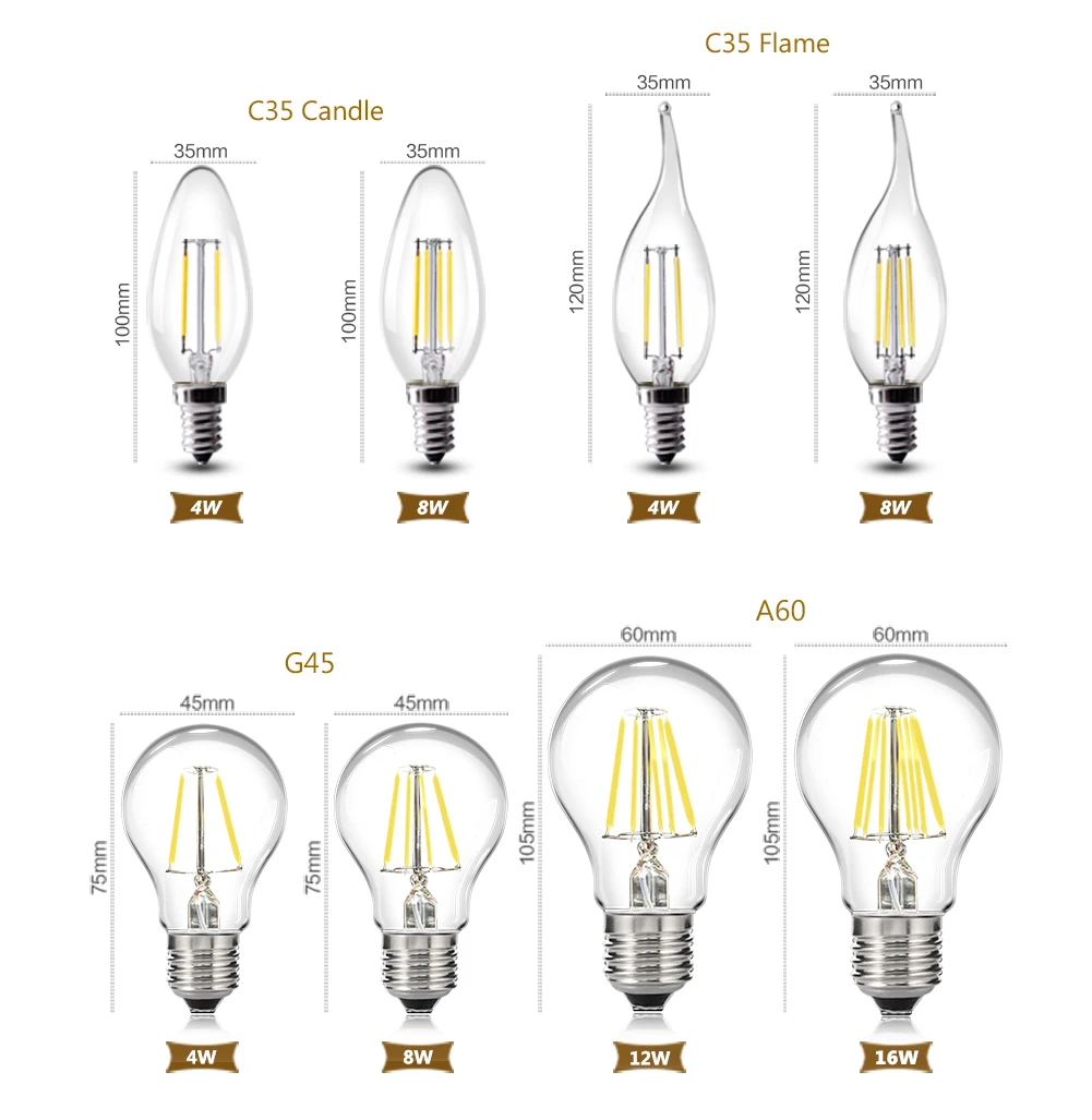 

LED Filament Bulb E14 C35 LED Bulb E27 A60 ST64 Edison Light 110V 220V Vintage Candle Light Globe Chandelier Lighting COB Lamp