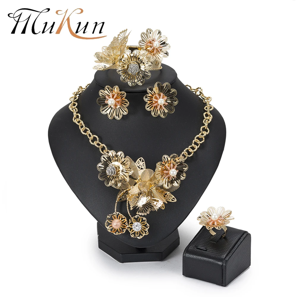 

MuKun Big Flower African Beads Jewelry Set For Women Wedding Dubai Gold color Jewelry Sets Indian Ethiopian Fashion Jewelry 2018