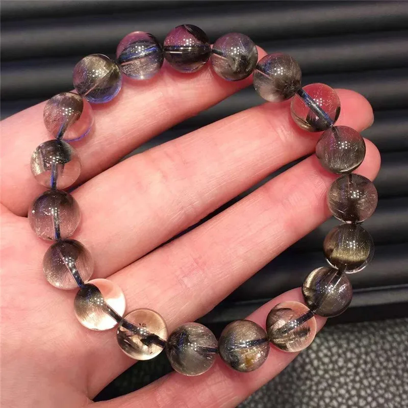 

9.8mm Genuine Natural Brookite Platinum Silver Rutilated Quartz Bracelet Crystal Gemstone Round Beads Woman Man Lucky Gift AAAAA