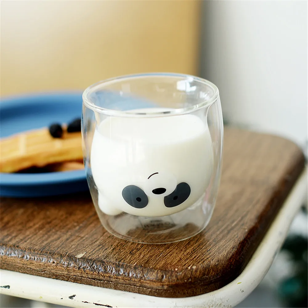 

Double Glass Cup Creative Panda Juice Beer Milk Tea Mugs Crystal Transparent Coffee Cup With Handle Drinkware Couple Gifts 250ML