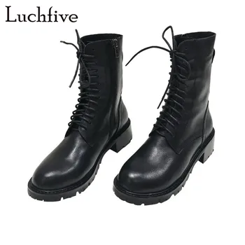

New genuine leather Martin boots women fashion lace up square low heels short boots black round toe zipper sexy shoes woman