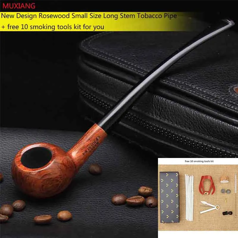 MUXIANG 10 Tools Kit Long Stem Bent Rosewood Smoking Pipe for Reading