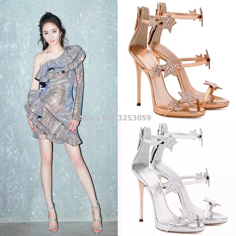 

ALMUDENA Celebrity Style T Stage Crystal Sandals Gold Silver Black Stars Glittering Rhinestone Stiletto Heels Pump Wedding Shoes